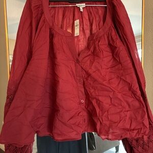 Aerie Red Button-Up Blouse